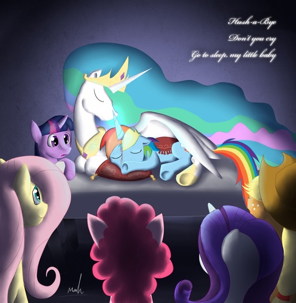 Size: 860x882 | Tagged: safe, artist:sparkyverve, derpibooru import, applejack, fluttershy, pinkie pie, princess celestia, rainbow dash, rarity, twilight sparkle, alicorn, pony, fanfic, alicornified, blood, fanfic art, mane six, momlestia, mommy nearest, race swap, rainbowcorn