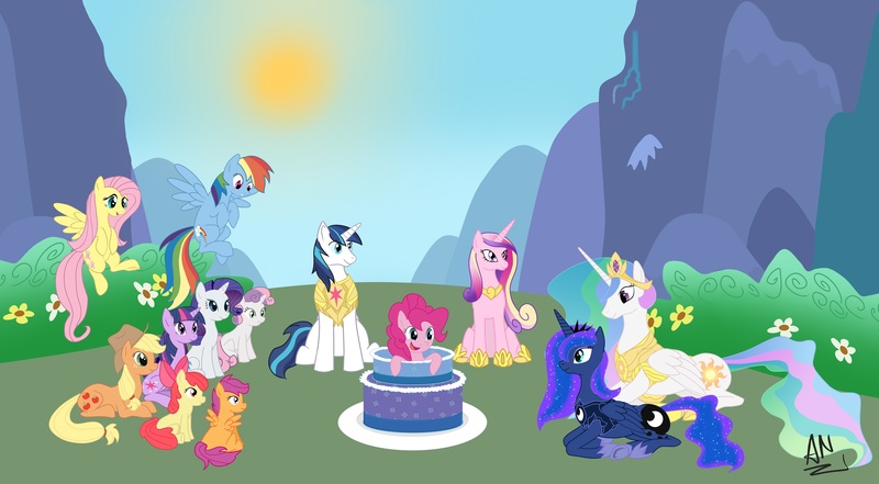 Size: 7260x4000 | Tagged: absurd resolution, apple bloom, applejack, artist:x6tr2ni, cake, derpibooru import, fluttershy, pinkie pie, princess cadance, princess celestia, princess luna, rainbow dash, rarity, safe, scootaloo, shining armor, sweetie belle, twilight sparkle