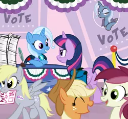 Size: 1000x933 | Tagged: safe, artist:pixelkitties, derpibooru import, applejack, derpy hooves, roseluck, trixie, twilight sparkle, pegasus, pony, election, female, mare, plot, politics, vote, voting