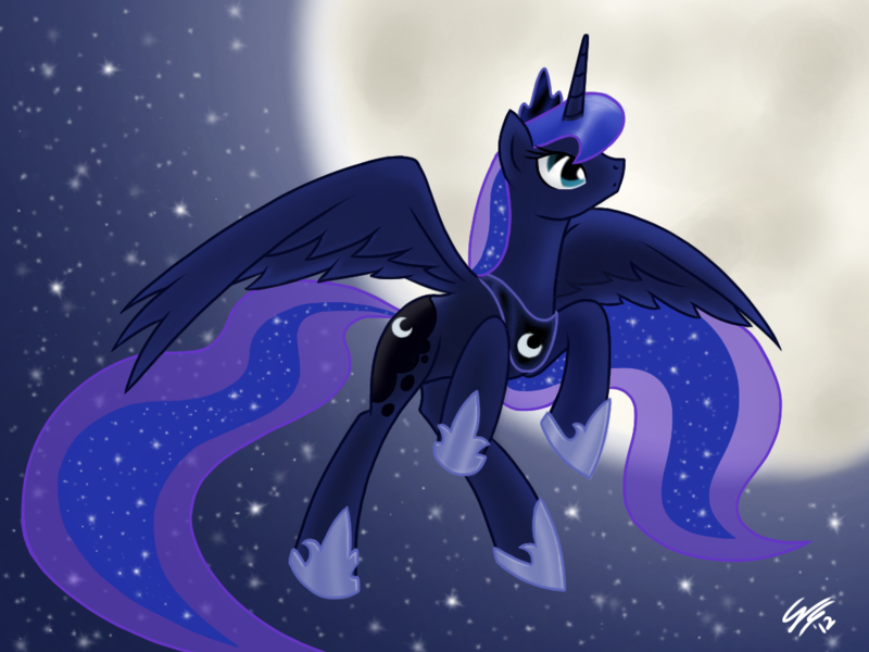 Size: 1024x768 | Tagged: artist:gimmogear, derpibooru import, flying, moon, night, princess luna, safe, solo