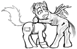 Size: 2741x1757 | Tagged: safe, artist:idliketosmokeatree, derpibooru import, derpy hooves, ditzy doo, oc, oc:littlepip, ghoul, pegasus, pony, unicorn, fallout equestria, fanfic, black and white, clothes, cutie mark, dock, fanfic art, female, grayscale, hooves, horn, hug, mare, monochrome, simple background, squishy hugs, teeth, vault suit, white background, wings