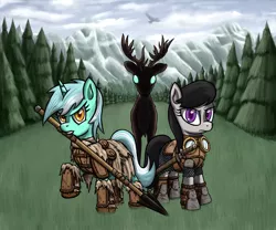 Size: 900x750 | Tagged: armor, artist:silentbutbeardly, cover, cover art, deer, derpibooru import, fanfic, forest, lyra heartstrings, mountain, octavia melody, safe, spear, sword, weapon
