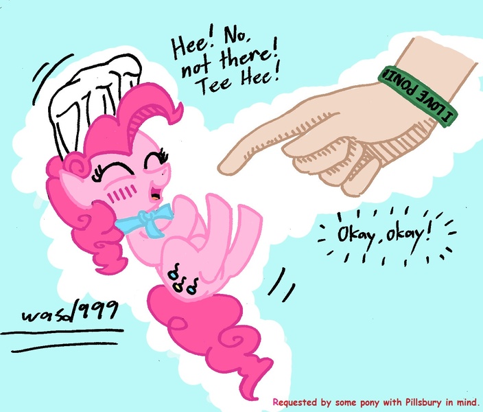 Size: 1446x1232 | Tagged: safe, artist:wasd999, derpibooru import, pinkie pie, human, pony, hand, micro, tickling