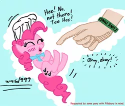 Size: 1446x1232 | Tagged: safe, artist:wasd999, derpibooru import, pinkie pie, human, pony, hand, micro, tickling