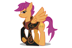 Size: 1080x720 | Tagged: safe, artist:undead-niklos, derpibooru import, scootaloo, pegasus, pony, frown, ganondorf, glare, looking at you, nintendo, raised hoof, simple background, spread wings, standing, the legend of zelda, the legend of zelda: the wind waker, triforce, triforce of power