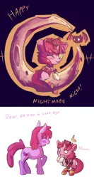 Size: 668x1260 | Tagged: safe, artist:haute-claire, derpibooru import, berry punch, berryshine, ruby pinch, bat, ask ruby pinch, ask, clothes, comic, costume, cute, moon, mother and daughter, tangible heavenly object, tongue out, tumblr, wink