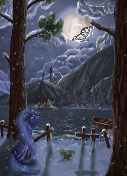 Size: 800x1100 | Tagged: artist:sylar113, boat, castle, crying, derpibooru import, house, moon, princess luna, rowboat, s1 luna, safe, sitting, snow, snowfall, solo, tree, water, winter