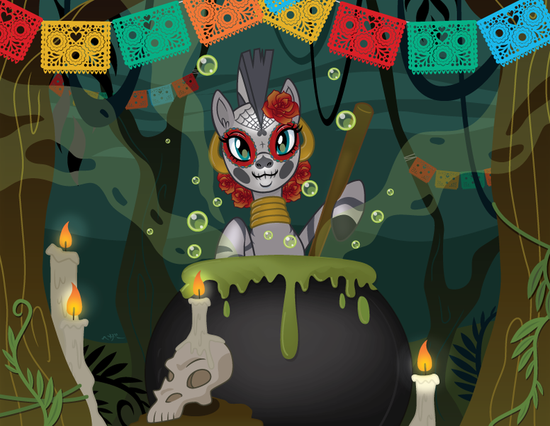 Size: 792x612 | Tagged: artist:hezaa, cauldron, derpibooru import, dia de los muertos, face mask, holiday, safe, solo, zebra, zecora