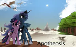 Size: 3840x2400 | Tagged: safe, artist:valcron, derpibooru import, princess luna, twilight sparkle, dragon, fanfic, apotheosis