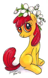 Size: 600x970 | Tagged: apple bloom, artist:fallenzephyr, derpibooru import, floral head wreath, safe, solo