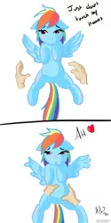 Size: 1000x2000 | Tagged: suggestive, artist:makoruu, derpibooru import, rainbow dash, human, pony, bellyrubs, comic, hand, on back