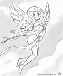 Size: 833x1000 | Tagged: artist:johnjoseco, barefoot, belly button, blushing, breasts, derpibooru import, feet, female, fluttershy, flying, grayscale, human, humanized, looking back, monochrome, smiling, solo, solo female, source needed, spread wings, suggestive, winged humanization