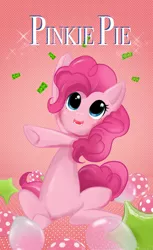 Size: 3698x6055 | Tagged: artist:bigbuxart, candy, derpibooru import, food, gummy bears, pinkie pie, safe, sitting, smiling, solo