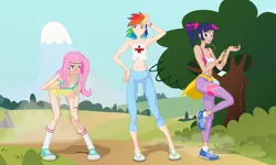 Size: 1600x960 | Tagged: artist:bipole, belly button, cleavage, clothes, converse, derpibooru import, exercise, female, fluttershy, headband, humanized, midriff, panties, rainbow dash, safe, shoes, shorts, sneakers, socks, spandex, sports bra, twilight sparkle, underwear, vector, wristband