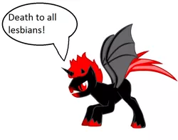 Size: 830x650 | Tagged: semi-grimdark, derpibooru import, oc, unofficial characters only, alicorn, bat pony, bat pony alicorn, demon, pony, pony creator, 1000 hours in ms paint, alicorn oc, angry, background pony strikes again, dialogue, edgy, homophobia, low quality bait, red and black oc, simple background, solo, speech bubble, wat, white background