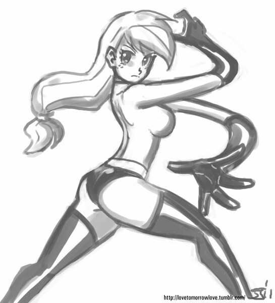 Size: 909x1000 | Tagged: applejack, artist:johnjoseco, ass, breasts, busty applejack, crossover, derpibooru import, elastigirl, female, grayscale, human, humanized, monochrome, mrs. incredible, safe, stretchy, the incredibles, thick