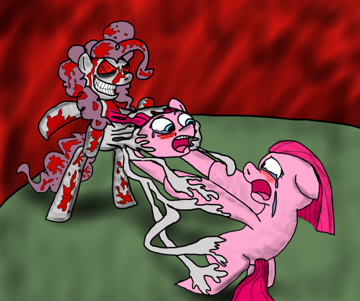 Size: 3390x2841 | Tagged: alex warlorn, angry pie, blood, bloodshot eyes, derpibooru import, essence absorption, evil grin, fanfic, grimdark, pinkamena diane pie, pinkie pie, pony pov series, psycho, reharmonized ponies