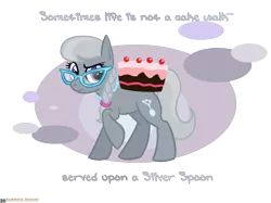 Size: 1116x835 | Tagged: safe, artist:scissorsrunner, derpibooru import, silver spoon, earth pony, pony, friendship is witchcraft, cake, female, filly, glasses, literal