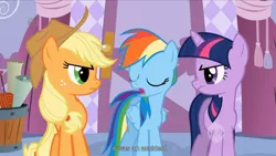 Size: 1008x567 | Tagged: applejack, derpibooru import, ei, hub logo, rainbow dash, safe, screencap, suited for success, twilight sparkle, youtube caption