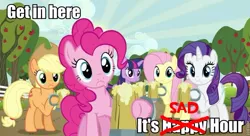 Size: 817x445 | Tagged: applejack, caption, cider, derpibooru import, edit, edited screencap, fluttershy, image macro, inverted mouth, mug, pinkie pie, rarity, roflbot, safe, screencap, the super speedy cider squeezy 6000, twilight sparkle