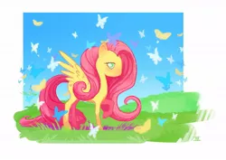 Size: 1158x818 | Tagged: artist:cmaggot, butterfly, derpibooru import, fluttershy, safe