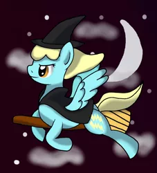 Size: 1024x1127 | Tagged: artist:novaspark, broom, cloud, cloudy, costume, crescent moon, derpibooru import, flying, flying broomstick, moon, night, night sky, safe, sassaflash, solo, spread wings, stars, witch