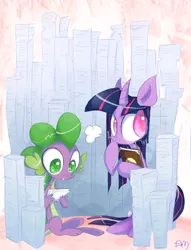 Size: 936x1224 | Tagged: dead source, safe, artist:yuji8sushi, derpibooru import, spike, twilight sparkle, dragon, pony, unicorn