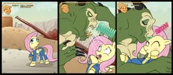 Size: 1700x744 | Tagged: artist:madmax, blushing, comic, couriershy, deathclaw, derpibooru import, eyeshadow, fallout, fallout: new vegas, fluttershy, kissing, lipstick, makeup, safe, smiling