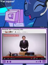 Size: 563x769 | Tagged: derpibooru import, exploitable meme, gamer luna, meme, nintendo, photo, princess luna, safe, satoru iwata, tv meme, wii u, wii u touchpad, youtube link