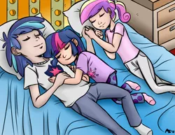 Size: 1280x989 | Tagged: artist:megasweet, artist:trelwin, bed, cute, derpibooru import, female, human, humanized, male, princess cadance, safe, shining armor, sleeping, twilight sparkle, younger