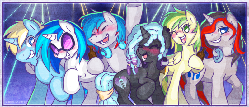 Size: 1048x450 | Tagged: artist:sharky, cute, derpibooru import, dj midli, drunk, female, glazeabetes, male, mic the microphone, musician, night life, oc, ocbetes, oc:mic the microphone, oc:the living tombstone, oc:wooden toaster, ponysona, safe, vinyl scratch