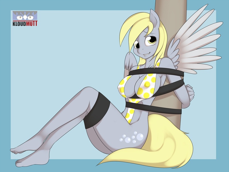 Size: 1280x960 | Tagged: absolute cleavage, anthro, artist:kloudmutt, barefoot, bondage, bondage post, breast bondage, breasts, busty derpy hooves, cameltoe, cleavage, clothes, derpibooru import, derpy hooves, feet, female, plantigrade anthro, questionable, sling bikini, swimsuit