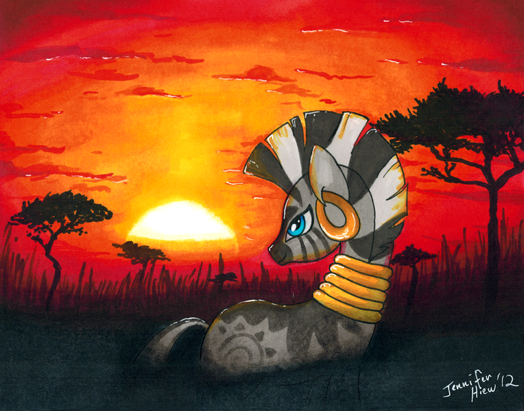 Size: 900x707 | Tagged: artist:fallenzephyr, derpibooru import, safe, silhouette, solo, sunset, traditional art, zecora