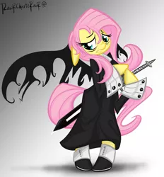 Size: 1333x1437 | Tagged: artist:rawrcharlierawr, clothes, crona, derpibooru import, fluttershy, ragnarok, safe, soul eater, weapon