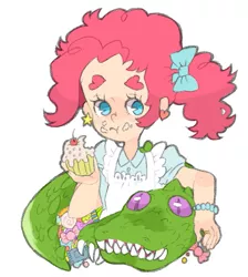 Size: 459x513 | Tagged: alternate hairstyle, artist:tokimekiwaku, bow, candy, cupcake, derpibooru import, ear piercing, earring, eating, food, gummy, hair bow, human, humanized, jewelry, light skin, piercing, pinkie pie, safe, side ponytail, thick eyebrows