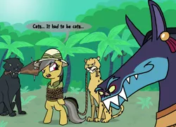 Size: 1000x723 | Tagged: ahuizotl, artist:professor-ponyarity, bipedal, cheetah, daring do, derpibooru import, dialogue, jungle, mouth hold, panther, rope, safe, speech bubble, tied up