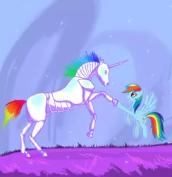 Size: 1600x1639 | Tagged: safe, artist:puggie, derpibooru import, rainbow dash, crossover, hoofbump, robot unicorn attack