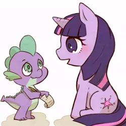 Size: 797x797 | Tagged: artist:akebi, derpibooru import, pixiv, quill, safe, scroll, spike, twilight sparkle