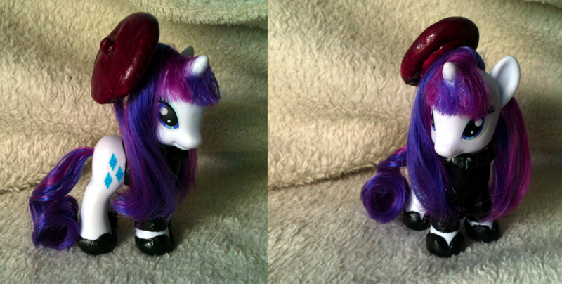 Size: 1569x792 | Tagged: safe, artist:cheri-bomb, derpibooru import, rarity, pony, beatnik rarity, beret, brushable, clothes, custom, hat, irl, photo, solo, toy