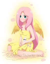 Size: 800x1016 | Tagged: angel bunny, artist:seismopac, cleavage, clothes, derpibooru import, dress, female, fluttershy, humanized, safe, winged humanization