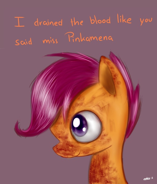 Size: 1450x1700 | Tagged: semi-grimdark, artist:mcsadat, derpibooru import, scootaloo, pony, ask pinkamena diane pie, adoracreepy, blood, creepy, cute, female, filly, grimcute, solo