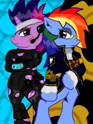 Size: 480x640 | Tagged: artist:zeroexe119, book, clothes, cyberpunk, derpibooru import, future twilight, gears, headset, pda, pocket watch, rainbow dash, safe, steampunk, suit, twilight sparkle