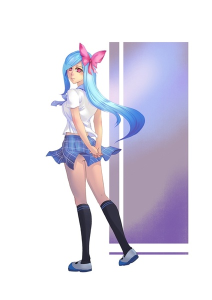 Size: 495x700 | Tagged: artist:bakki, bowtie, breasts, butterfly, clothes, derpibooru import, female, flitter, humanized, kneesocks, looking back, miniskirt, schoolgirl, shirt, shoes, skirt, socks, solo, solo female, suggestive