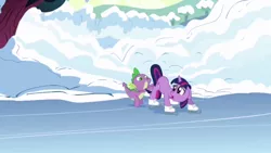 Size: 640x360 | Tagged: safe, derpibooru import, screencap, spike, twilight sparkle, dragon, pony, unicorn, winter wrap up, ass up, butt touch, female, hand on butt, male, mare, out of context, snow
