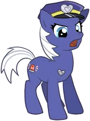 Size: 497x669 | Tagged: safe, derpibooru import, oc, oc:blue fuzz, unofficial characters only, earth pony, pony, badge, cute, female, frown, glare, hat, looking at you, mare, ocbetes, open mouth, police, police hat, police pony, simple background, solo, transparent background