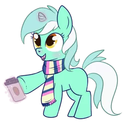 Size: 429x419 | Tagged: safe, artist:lulubell, derpibooru import, lyra heartstrings, pony, unicorn, blank flank, clothes, cup, drink, filly, food, hot chocolate, magic, scarf, simple background, smiling, solo, telekinesis, transparent background, young, younger