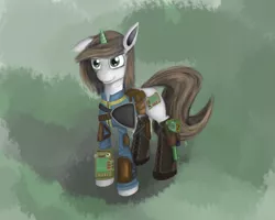 Size: 2500x2000 | Tagged: safe, artist:pantzar, derpibooru import, oc, oc:littlepip, unofficial characters only, pony, unicorn, fallout equestria, fanfic, abstract background, clothes, cutie mark, fanfic art, female, glowing horn, gun, handgun, holster, hooves, horn, little macintosh, magic, mare, optical sight, pipbuck, revolver, smiling, solo, vault suit, weapon