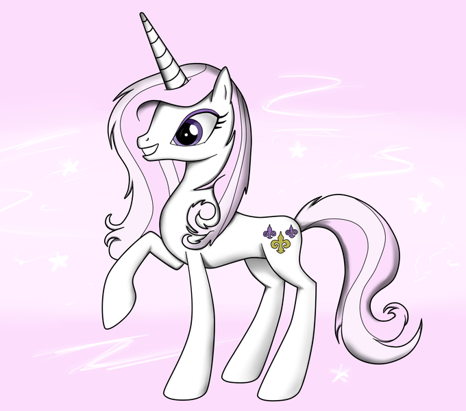 Size: 1450x1280 | Tagged: artist:kamikazexyz, derpibooru import, fleur-de-lis, grin, raised hoof, safe, solo