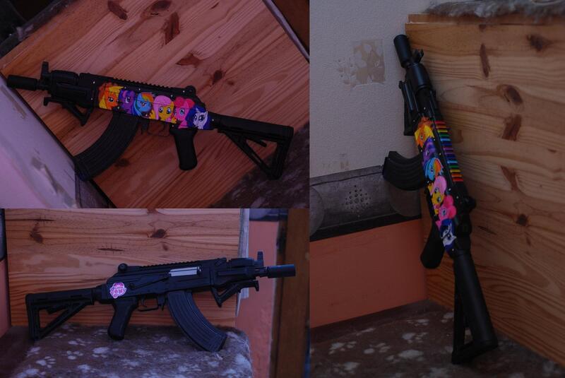 Size: 1628x1088 | Tagged: airsoft, ak-47, applejack, artist:lythis57, custom, derpibooru import, fluttershy, gun, gunified, irl, mane six, my little arsenal, pinkie pie, rainbow dash, rarity, rifle, safe, twilight sparkle