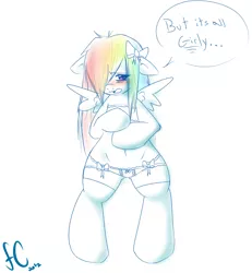 Size: 1200x1300 | Tagged: suggestive, artist:fatcakes, derpibooru import, rainbow dash, pegasus, pony, belly button, bipedal, blushing, clothes, female, mare, open mouth, panties, ribbon, signature, simple background, solo, solo female, speech bubble, stockings, underwear, white background